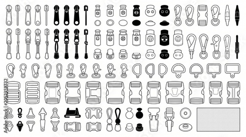 Vector Bag and Garment Accessories Icon Set: Buckles, Zippers, Snap Hooks, and Cord Locks for Sewing and Manufacturing