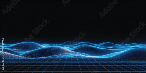An abstract blue background features flowing digital waves and a science technology grid pattern, creating a dynamic motion wallpaper design for business communication
