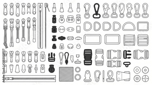 Large Collection of Bag Hardware and Garment Accessories Vector Icons: Zippers, Buckles, Carabiners, and Cord Locks