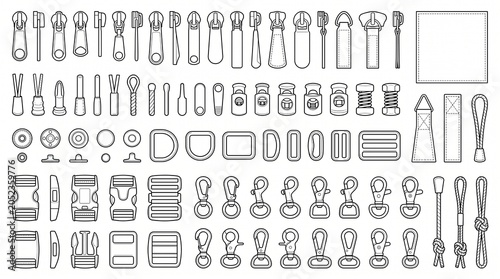 Bag and Garment Accessories Hardware Line Art Icons Set - Zippers, Buckles, Clasps, and Cord Locks Vector Illustration