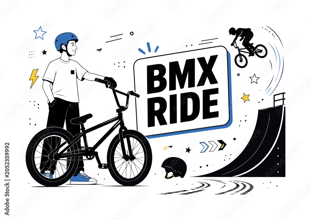 Naklejka premium BMX Bike Silhouette Banner. A clean editorial banner about BMX bike silhouette, cycling tricks, street sport, balance, motion, and freestyle riding, showing one geometric rider beside an oversized BMX