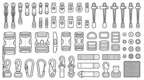 Set of Bag and Garment Hardware Vector Line Art: Buckles, Zippers, Carabiners, and Cord Locks for Technical Design