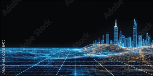 An abstract blue digital background with lines featuring a 3d vector illustration of a city skyline with skyscrapers and urban business buildings