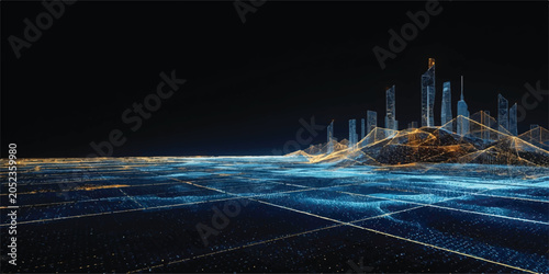 Schilderij op canvas Abstract blue background with neon night lines and city skyline lights reflectin