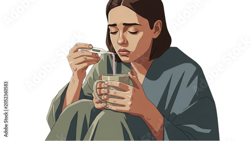 Tableau sur toile A woman sits holding a glass and a pill while looking unwell indoors