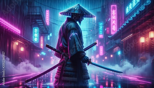 Cyberpunk samurai warrior in a neon rainy street