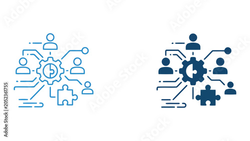 Photos Business team integration icon showing centralized gear mechanism with connected
