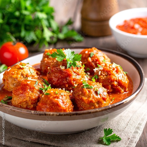 Meatballs with tomato sauce, green herbs and garnish