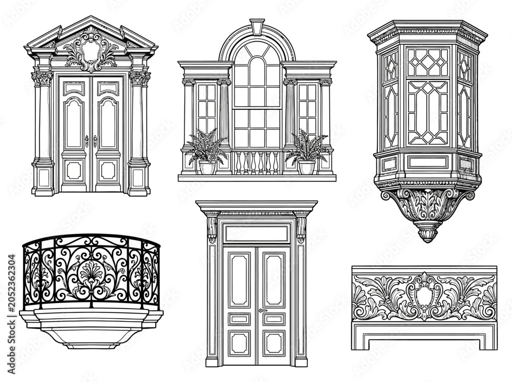 Fototapeta premium Architectural elements set featuring ornate doors windows balconies and decorative classical building facade line art illustrations