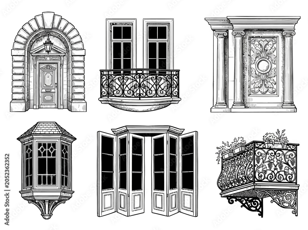 Fototapeta premium Architectural elements collection featuring vintage windows doors balconies and decorative classical building facade line art designs