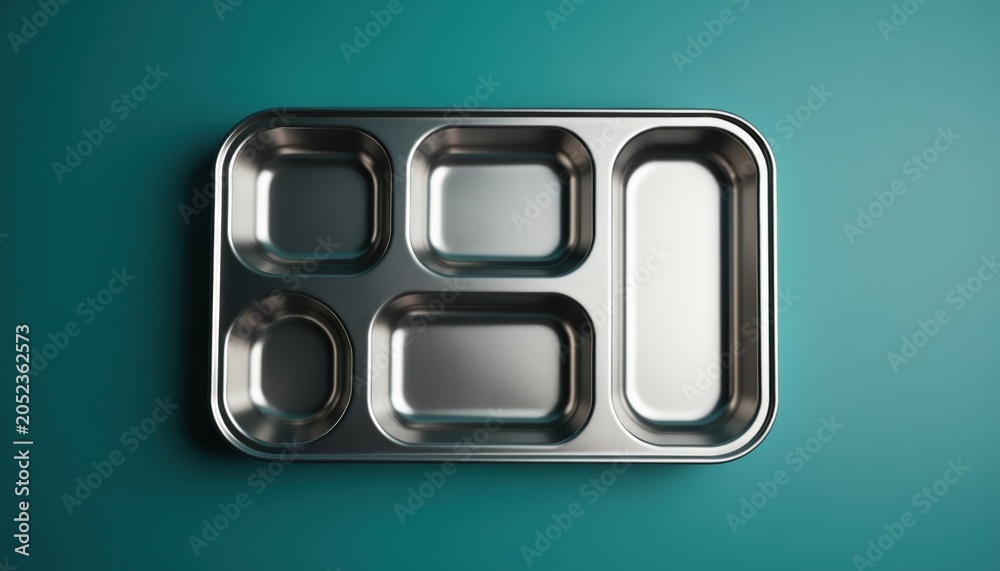 Obraz Empty metal food tray with sections sits on a flat teal surface. Divided plate is clean and ready for meals, ideal for lunch or dinner settings.