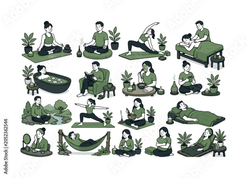 Relax Wellness Series collection of digital illustrations NOT icons NOT symbols, 12?20 character-driven small scenes of people meditating, doing yoga, receiving spa care, practicing self-care, resting