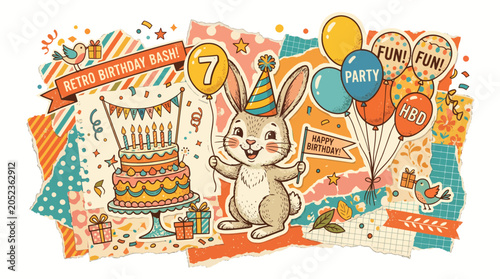 Принти на полотні A colorful retro-style illustration of a happy bunny celebrating a birthday party with cake and balloons