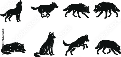 Bilde på lerret Wild wolf vector silhouette icons set with various poses including howling runni
