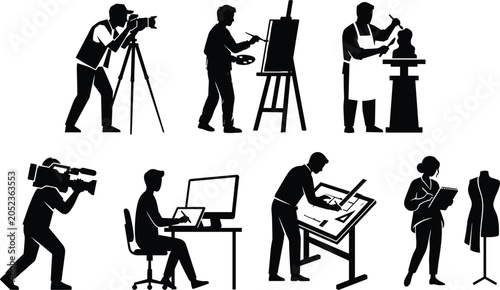 PrintCreative professions and artists vector silhouette icons set featuring painter photographer sculptor videographer digital designer architect and fashion designer