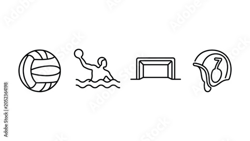 Set of water polo sport icons including ball player goal and cap.