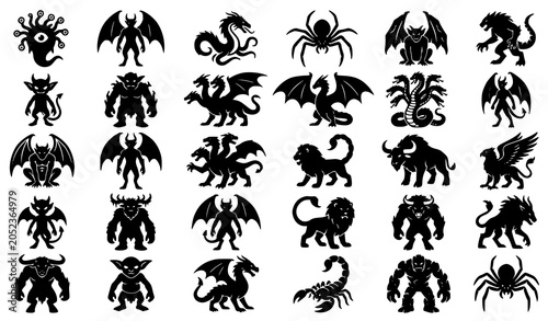 Valokuva Fantasy Mythical Creature Silhouette Collection Featuring Dragons Demons Monster