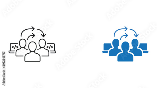 Fotografía Software development team collaboration with code brackets and arrow workflow ic