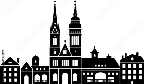 City skyline silhouette with tall church spires and historic buildings in a row, simplified graphic design and black and white in outline style