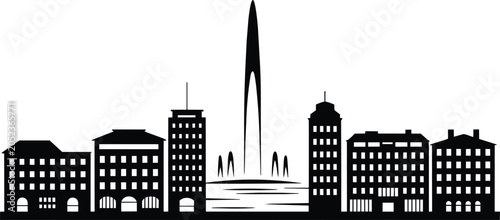 City skyline silhouette with modern skyscrapers and historic buildings, diverse urban architecture collection in black and white and view, landscape