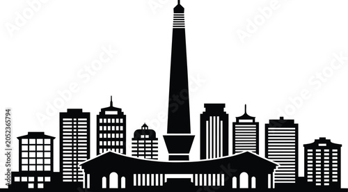 City skyline silhouette with tall tower and modern buildings, graphic urban landscape illustration in solid black style and limit, architecture