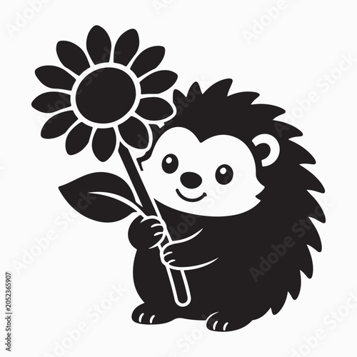 Cute Hedgehog Holding Sunflower Silhouette
