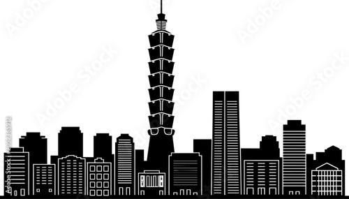 Cityscape silhouette with a tall tower featuring a distinctive segmented design, surrounded by various urban buildings