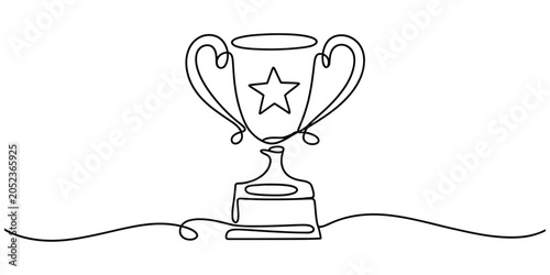 Continuous one line drawing of a trophy cup with a star on the front
