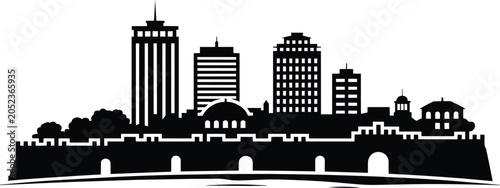 City view and wall, skyline, and modern buildings and architecture and historic in outline style