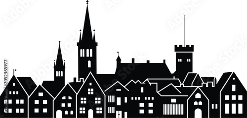 European old town skyline illustration with diverse building styles and church spires, silhouette of medieval architecture in black and white and desi