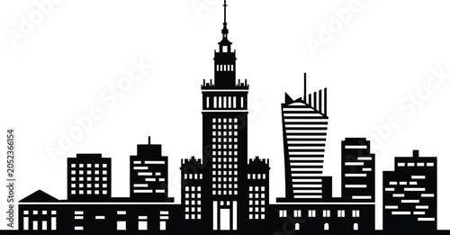 Modern city skyline with diverse architectural styles including a central tall skyscraper and surrounding buildings