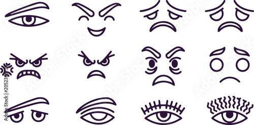 Bild auf Leinwand Collection expressive eyes faces emotions anger sadness surprise fear anxiety confusion facial expressions human feelings line art doodles