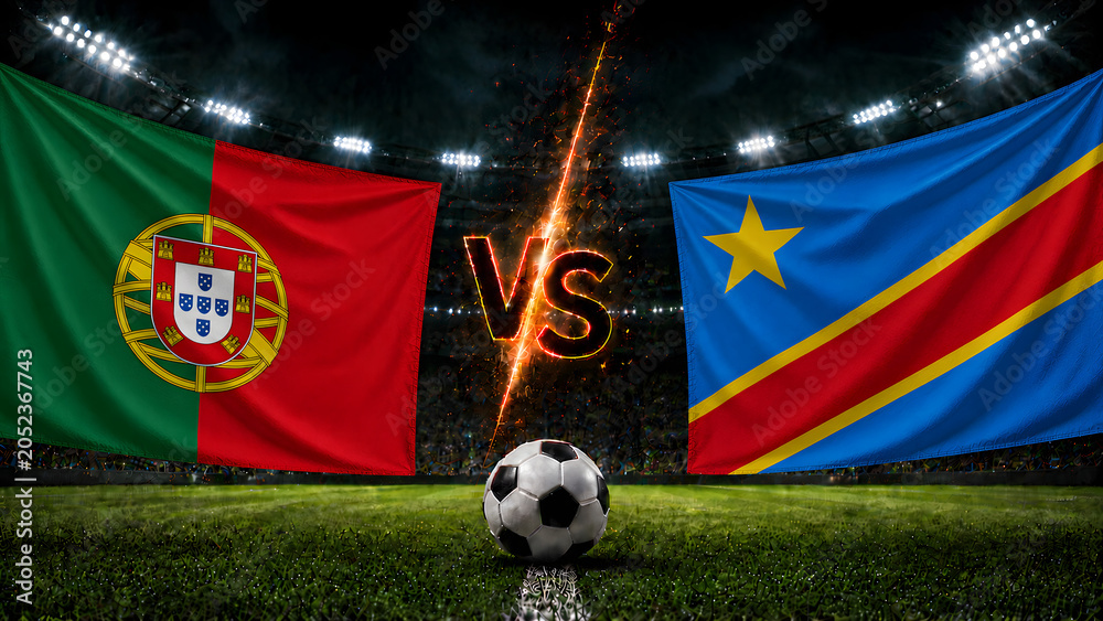 Fototapeta premium A conceptual image featuring the flags of Portugal and the Democratic Republic of the Congo facing off on a professional soccer field with a ball in center.