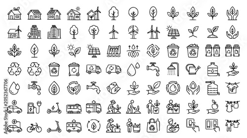 Eco living icon collection with sustainable house tree and renewable energy graphics