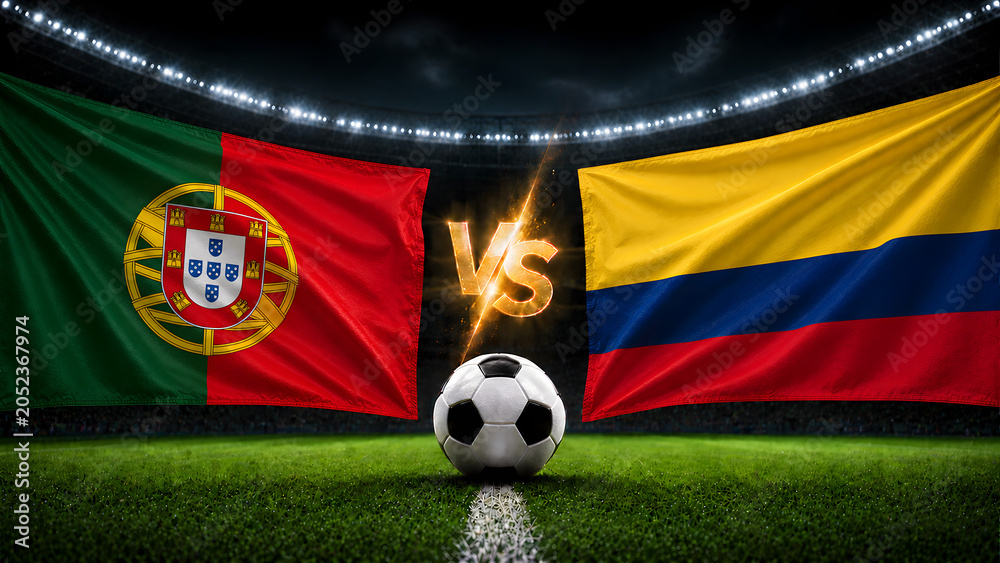 Naklejka premium A soccer stadium background featuring the flags of Portugal and Colombia facing each other with a football in the center, representing a match concept.