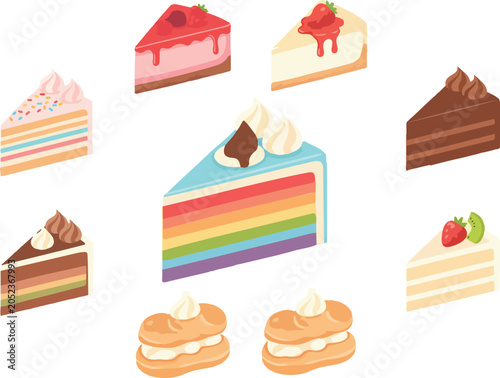 Bild auf Leinwand Sweet bakery dessert menu clip art collection with gourmet sweet food icons showing strawberry shortcake cocoa layers and frosted party pastry