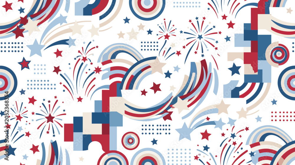 Fototapeta premium A festive seamless pattern featuring patriotic red white and blue fireworks and stars perfect for celebrating independence day or national holidays with artistic flair