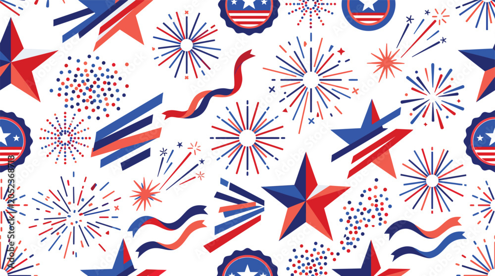 Obraz premium Abstract background featuring vibrant red white and blue fireworks stars and patriotic ribbons celebrating independence day with a festive and energetic artistic graphic design style