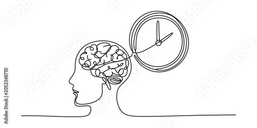 Foto Continuous single line drawing of human head brain and ticking wall clock