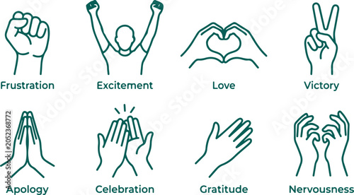 Valokuva Teal line icons representing human emotions and gestures such as love, victory, frustration, and gratitude on transparent background