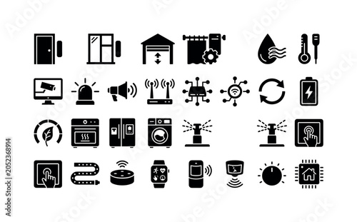 Connected Lifestyle Marks. Solid glyph icon set of smart home ecosystem devices: door sensor, window sensor, garage controller, smart curtain motor, humidity sensor, temperature probe, surveillance
