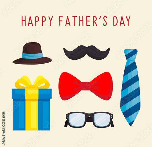 Happy Fathers Day Flat Illustration with Hat Mustache Tie Bow Tie Glasses and Gift Box