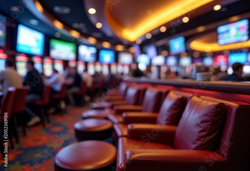 Red leather chairs arranged in a casino lounge area with illuminated slot machines and large screens displaying games in the background