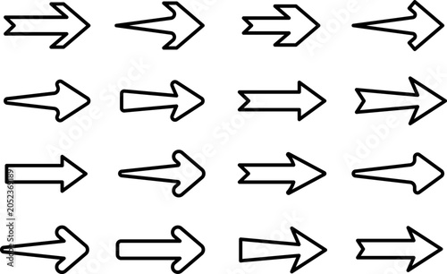 Arrow Outline Icons Set with 16 Different Right Pointing Arrow Shapes in Black Line Style