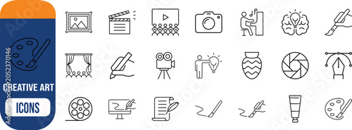 Creative art media line icons. camera icon set, clapperboard icon set, paintbrush icon set