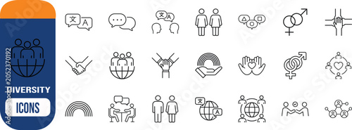Diversity and inclusion vector icons. people icon set, globe icon set, hands icon set