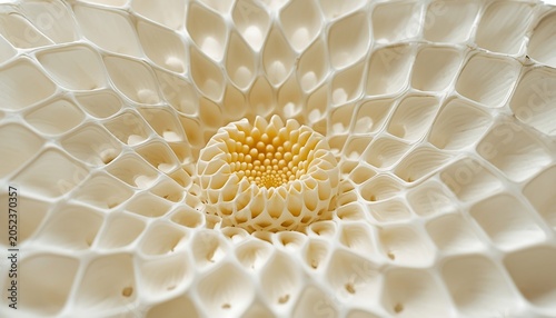 Abstract 3d render of a geometric flowerlike structure with intricate cellular patterns and a yellow center