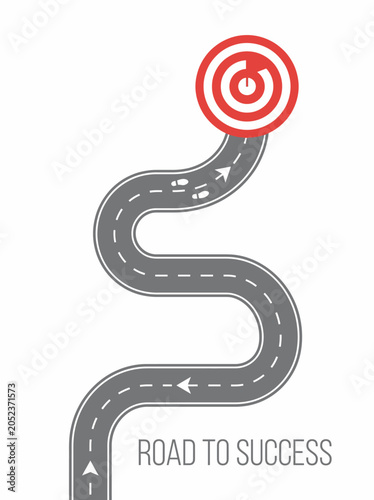 Flat vector illustration of winding road leading to target on white background with success concept