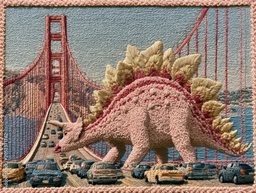 Textile Artwork Show Pink Dinosaur Striding Across Iconic Bridge Scene