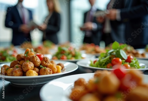 Business meeting with gourmet food presentation featuring plates of appetizers and salads, blurred professionals discussing in the background at a modern corporate setting